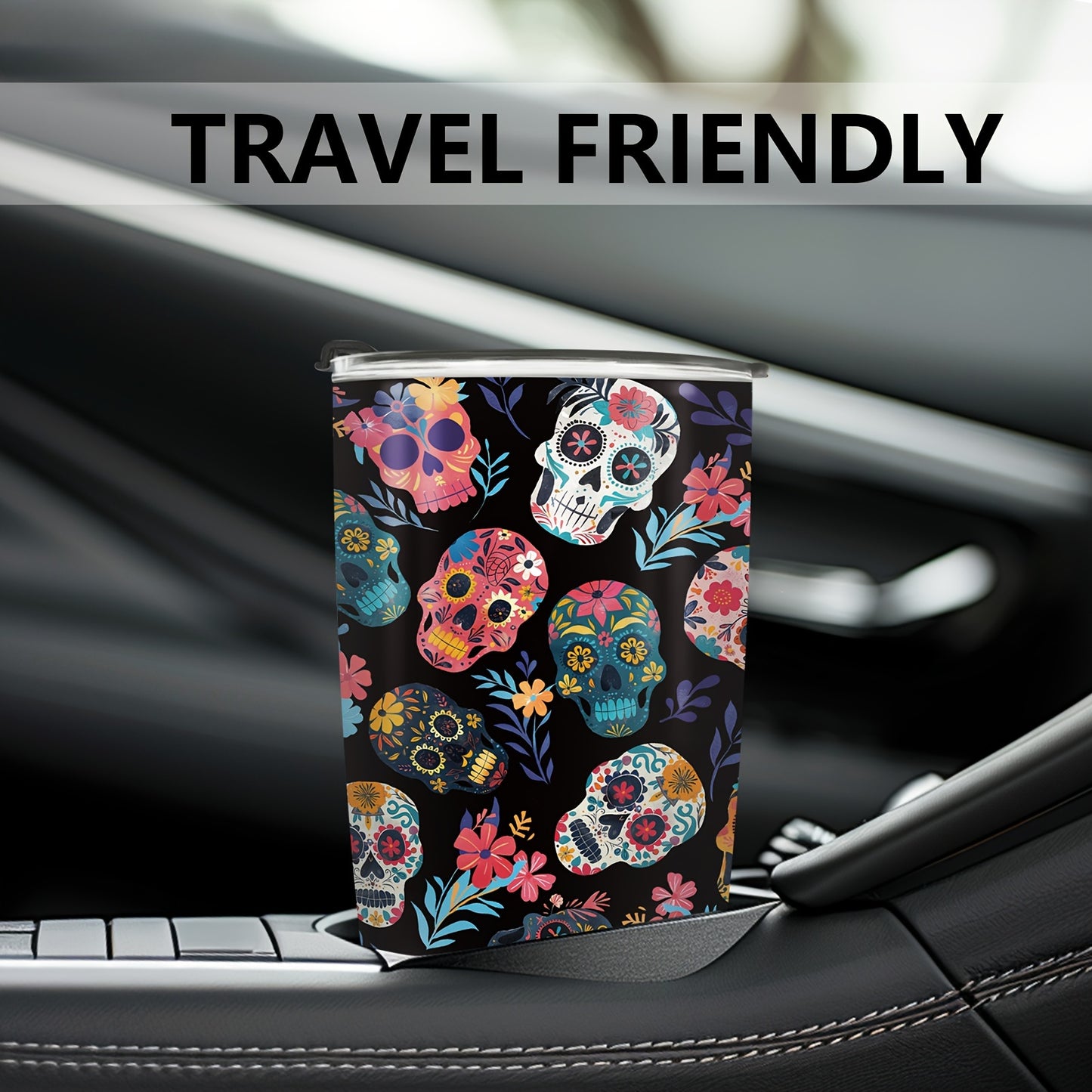 Skull Tumbler 20oz - Stainless Steel Vacuum Insulated & Leak-Proof, Perfect Travel Cup Gift for Halloween & Day of the Dead