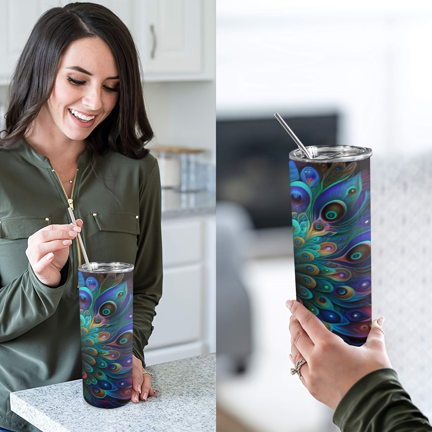 Neon Peacock Tumbler 20oz - Insulated Stainless Steel Cup with Straw & Lid | Vibrant Gift for Women, Girls, Birthday & Festivals, Hand Wash Only