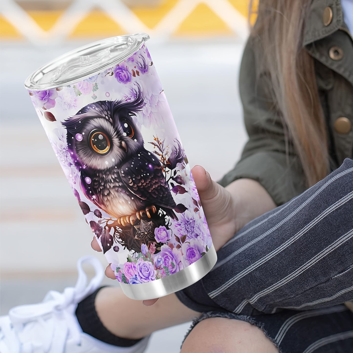 20oz Double-Wall Vacuum Insulated Stainless Steel Tumbler with Lid - Cute Owl Print Design - Keeps Drinks Hot & Cold - Perfect Travel Mug, Tea Cup, Gift
