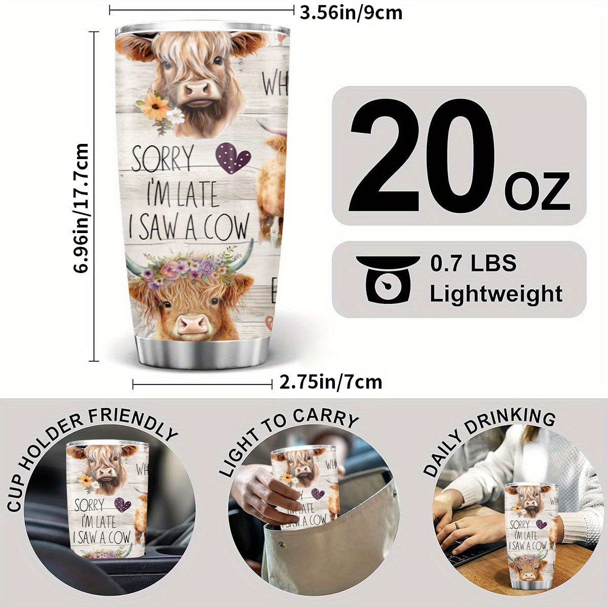 Charming Highland Cow Tumbler - 20oz Stainless Steel Travel Mug, Cute Scottish Cow & Floral Design, Insulated Coffee Cup - Perfect Christmas Gift for Women