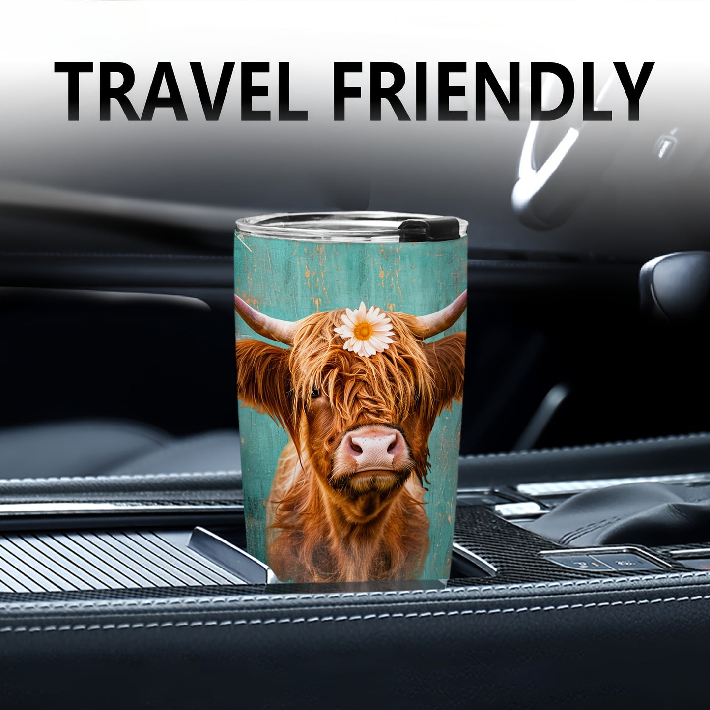 20oz Insulated Stainless Steel Tumbler with Lid - Scottish Highland Cow Design, Oval Shape, 304 Steel - Reusable Travel Mug, Perfect Gift for Cow Lovers & Women, Hand Wash Only