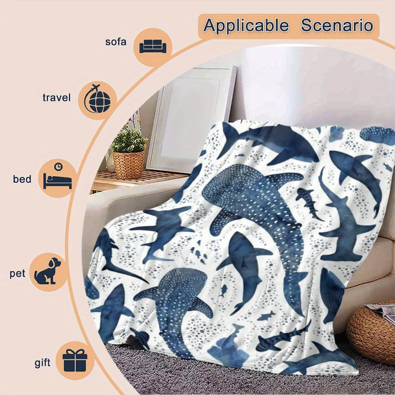 Shark & Ocean Flannel Throw Blanket | Deep Blue Print for Plush Blankets, All-Season Comfort