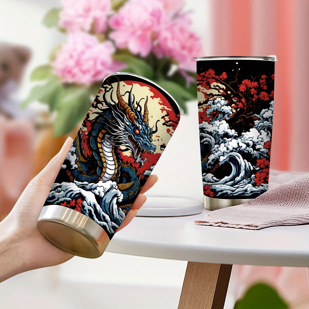 Dragon & Cherry Blossom Tumbler 20oz - Stainless Steel Insulated Travel Mug | Lunar New Year Gift, Storm Design, Leak-Proof & Dishwasher Safe