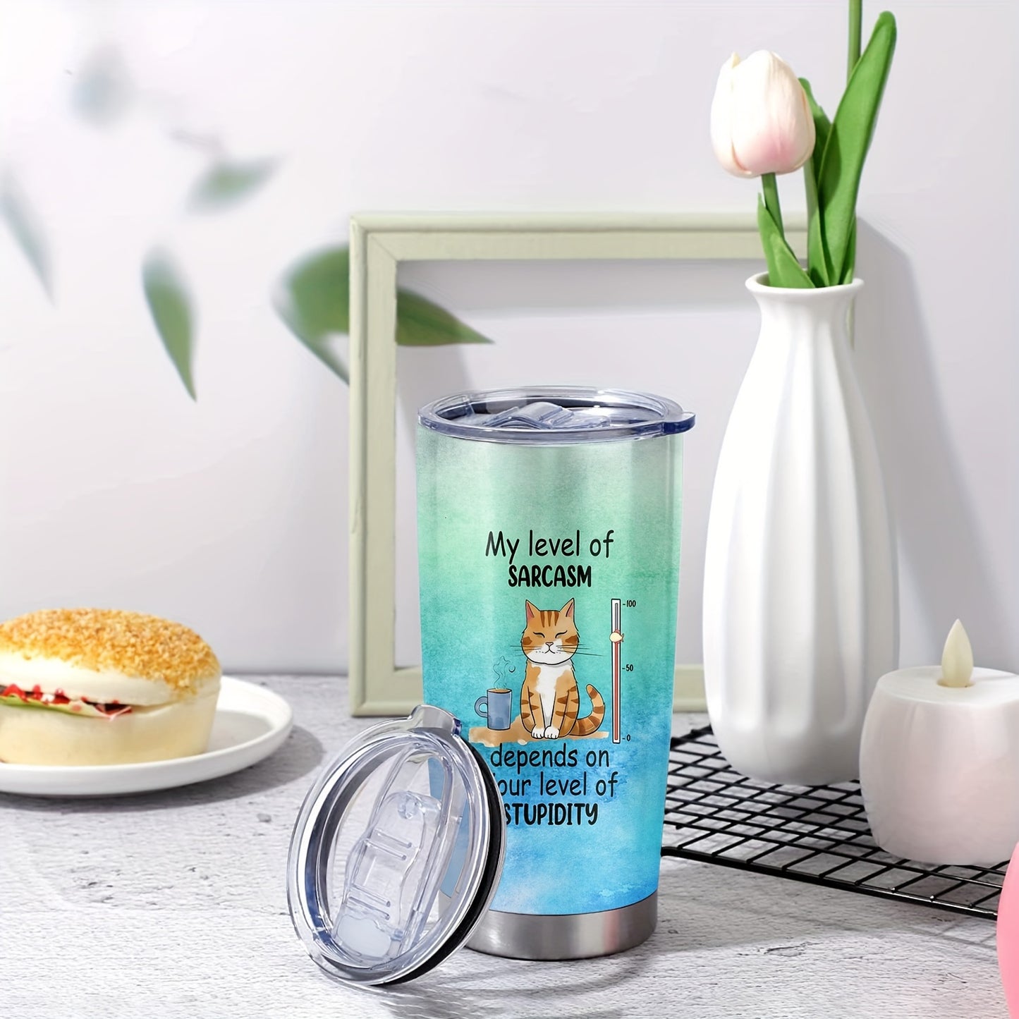 "My Level of Sarcasm Cat" Tumbler 20oz - Funny Sarcastic Cat Print Stainless Steel Mug, Vacuum Insulated & Durable, Humorous Gift for Cat Lovers