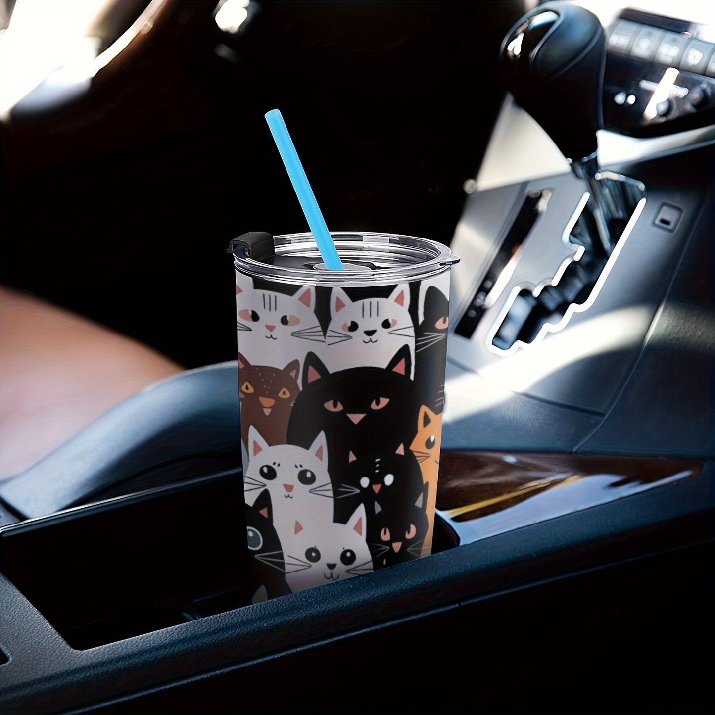 Stainless Steel Tumbler 20oz with Cat Print - Double-Walled Vacuum Insulated Travel Coffee Mug for Car Cup Holder, Leak-Proof Outdoor Cup