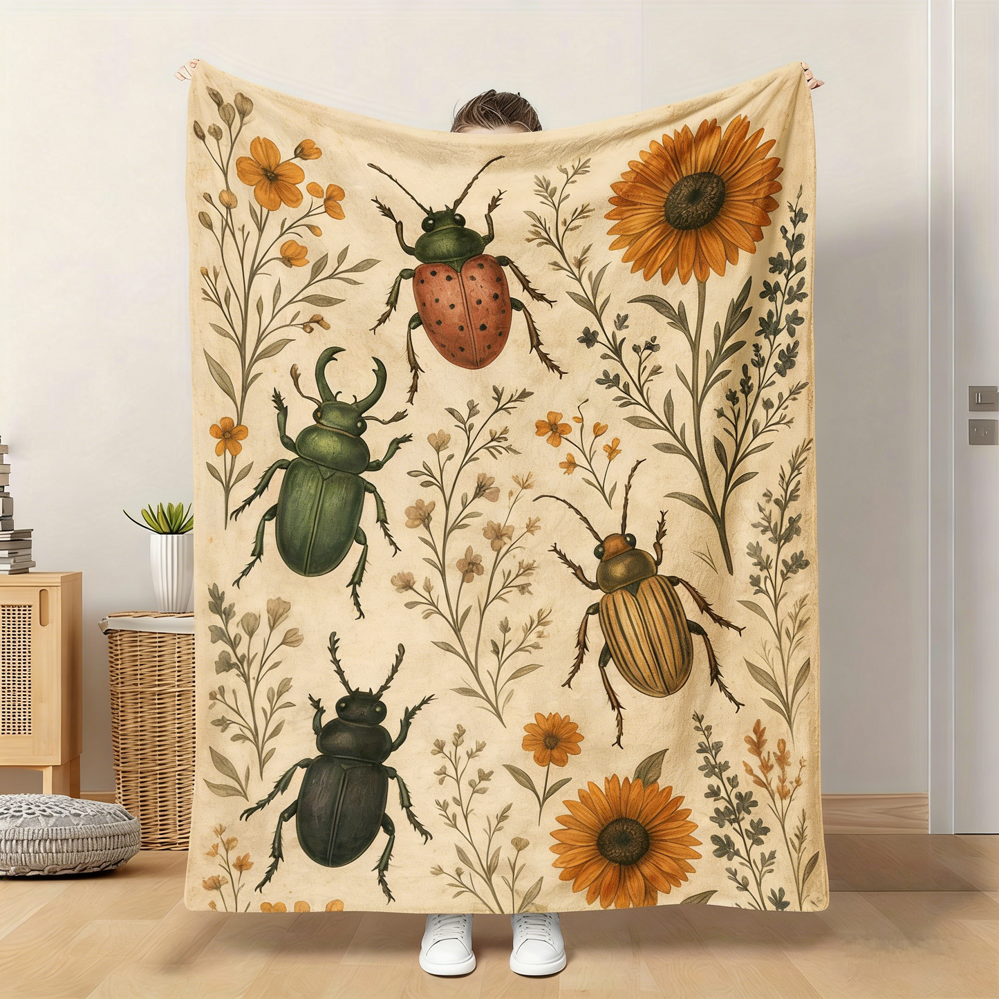 Vintage Beetle Sunflower Throw - Gold Insect Print Flannel Blanket, Soft All-Season for Adults, Sofa Camping Gift