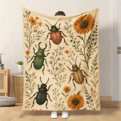 Vintage Beetle Sunflower Throw - Gold Insect Print Flannel Blanket, Soft All-Season for Adults, Sofa Camping Gift