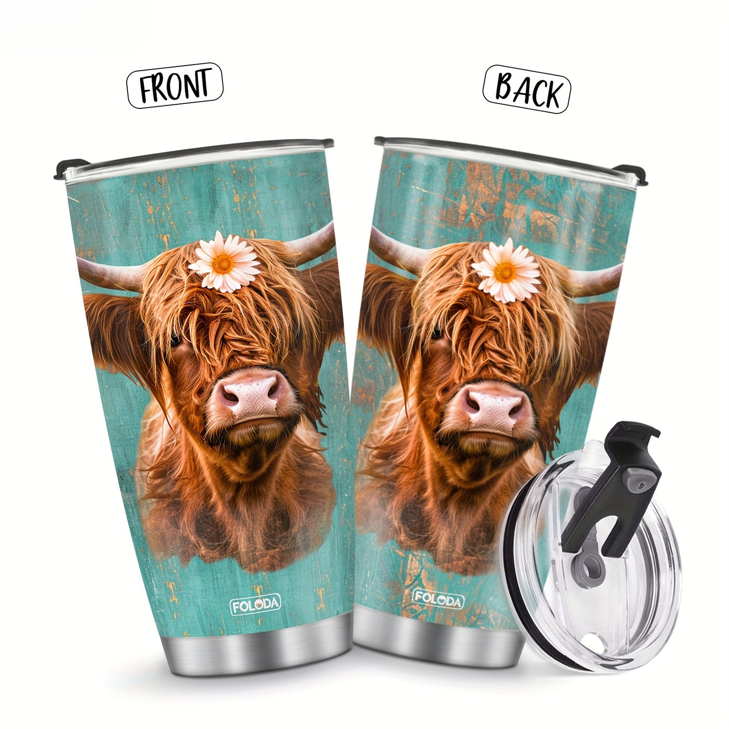 20oz Insulated Stainless Steel Tumbler with Lid - Scottish Highland Cow Design, Oval Shape, 304 Steel - Reusable Travel Mug, Perfect Gift for Cow Lovers & Women, Hand Wash Only