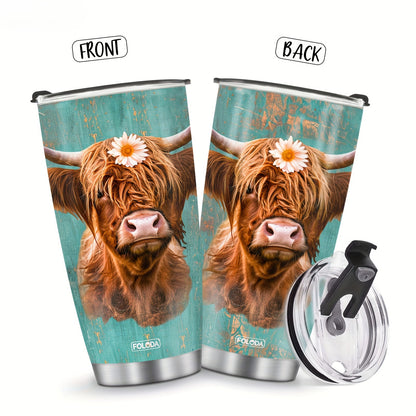 20oz Insulated Stainless Steel Tumbler with Lid - Scottish Highland Cow Design, Oval Shape, 304 Steel - Reusable Travel Mug, Perfect Gift for Cow Lovers & Women, Hand Wash Only