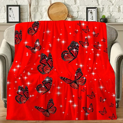 Red Butterfly Wedding Throw - Romantic Flannel Blanket for Bride & Groom, Soft Warm Keepsake Gift, Fall Winter Anniversary or Honeymoon Decor
