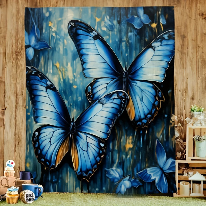 Blue Butterfly Patchwork Knitted Blanket - Textured Animal Insect Theme Throw, Lightweight & Breathable All-Season Gift for Home, Office, Nursery Decor