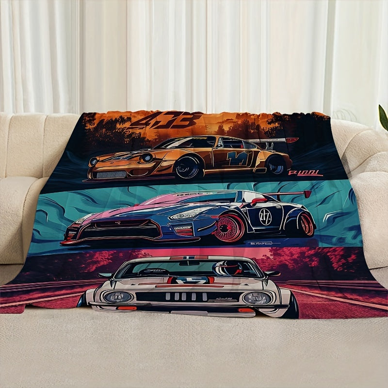Automotive Enthusiast Quilt - Modern Flannel Bedspread with Sports Car Patterns, Soft, All-Season & Machine Washable, Statement Piece for Man Cave