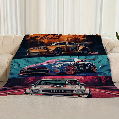 Automotive Enthusiast Quilt - Modern Flannel Bedspread with Sports Car Patterns, Soft, All-Season & Machine Washable, Statement Piece for Man Cave