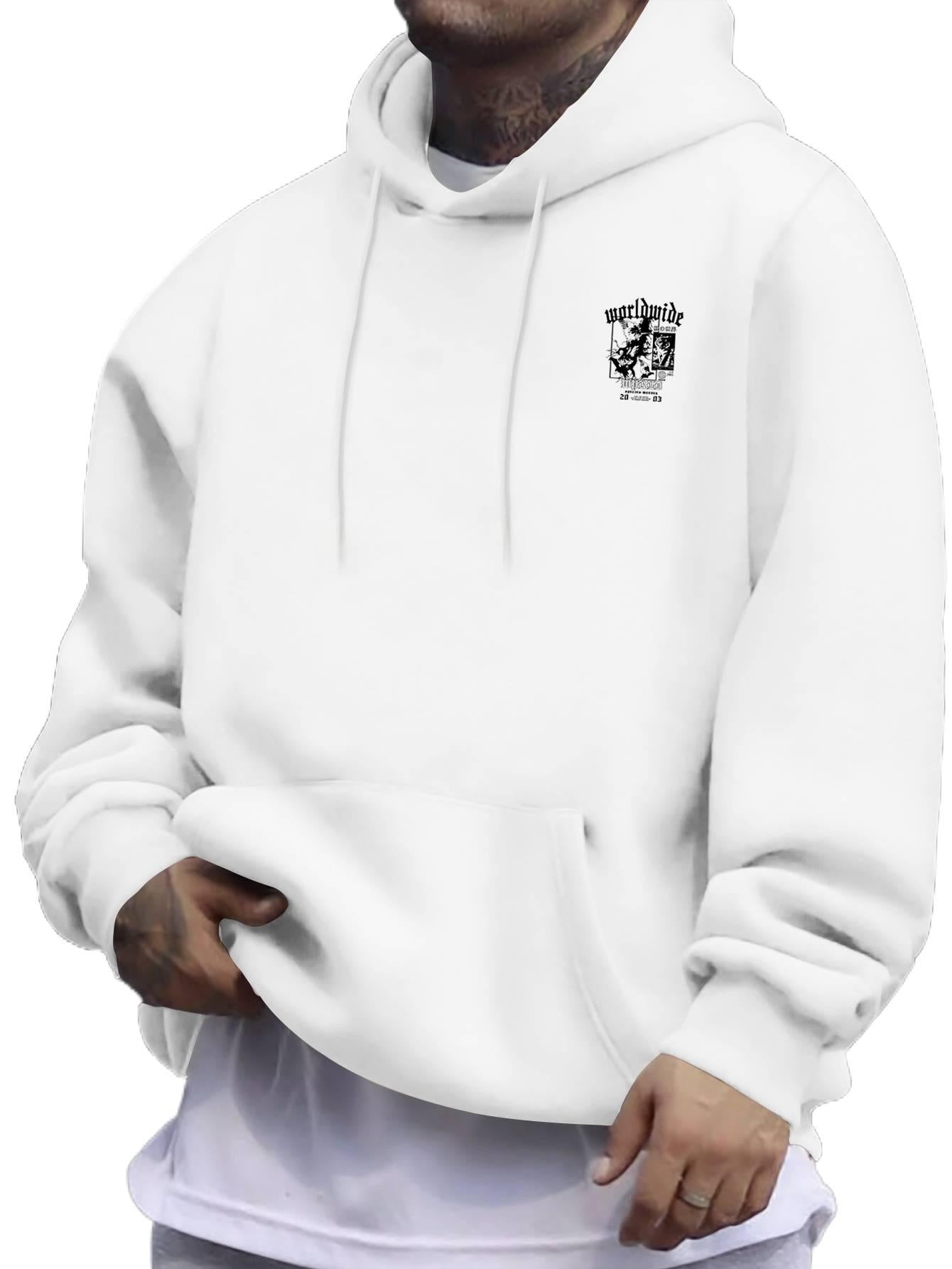 Fashion Graphic Letter Hoodie - Men's Casual Print Pullover, Regular Fit Typography Hooded Sweatshirt