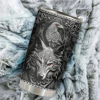 Viking Themed Insulated Tumbler 20oz - Stainless Steel Travel Mug with Wolf & Celtic Knot, Double-Wall Hot Cold Cup, Durable Gift for Him