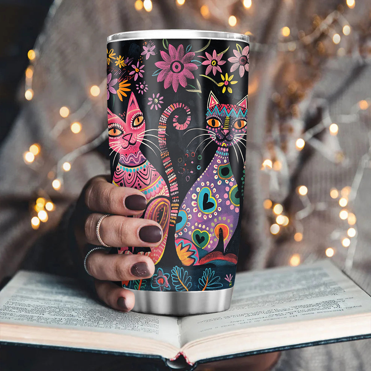 Sculptural Cat Tumbler - 20oz Brushed Steel Travel Mug with Handle, Artisanal Gift for Cat Lovers, Durable & Stylish for All Seasons