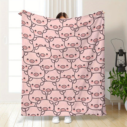 Cute Pig Print Flannel Throw Blanket - Soft, Warm & Lightweight Polyester, All-Season Use for Bed, Sofa, Dorm, Travel - Machine Washable Home Decor & Cozy Gift