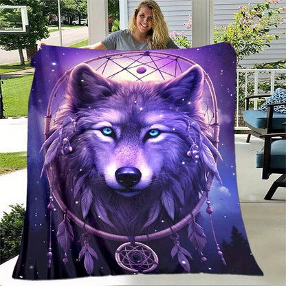 Dream Catcher & Purple Wolf Flannel Throw - Mystical Guardian Blanket | Lightweight, Soft for Spiritual Comfort, Boho Decor, and Unique Gifting