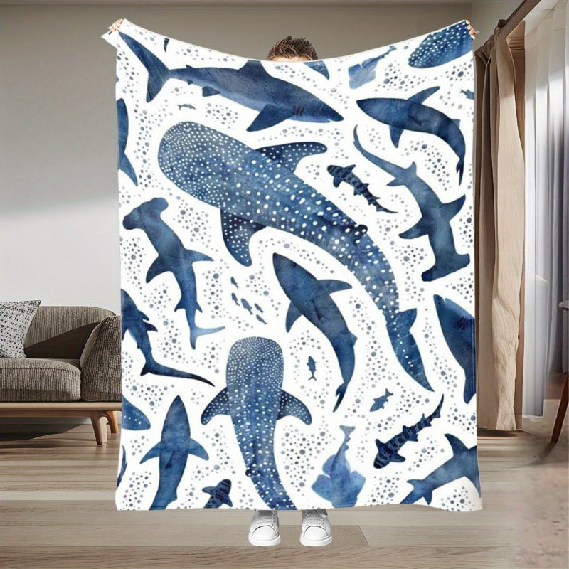Shark & Ocean Flannel Throw Blanket | Deep Blue Print for Plush Blankets, All-Season Comfort