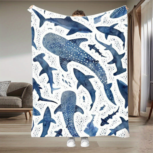 Shark & Ocean Flannel Throw Blanket | Deep Blue Print for Plush Blankets, All-Season Comfort