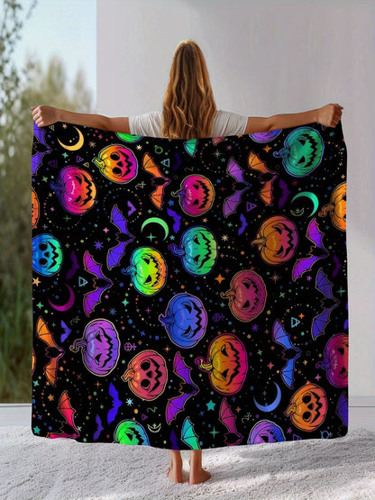 Halloween Pumpkin Bat Throw - Soft Flannel Blanket for All Seasons, Multi-Use for Bed, Sofa, Camping, Festive Gift
