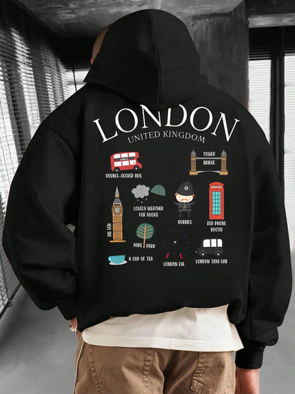 London UK Souvenir Hoodie - Men‘s Casual Pullover with Kangaroo Pocket, Iconic City Graphic Hooded Sweatshirt, Adjustable Drawstring