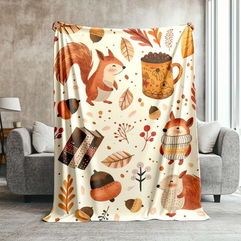 Autumn's Little Helper Throw - Squirrel & Fall Leaves on Plush Flannel, Cozy Harvest to Holiday Gift for Sofa & Camping