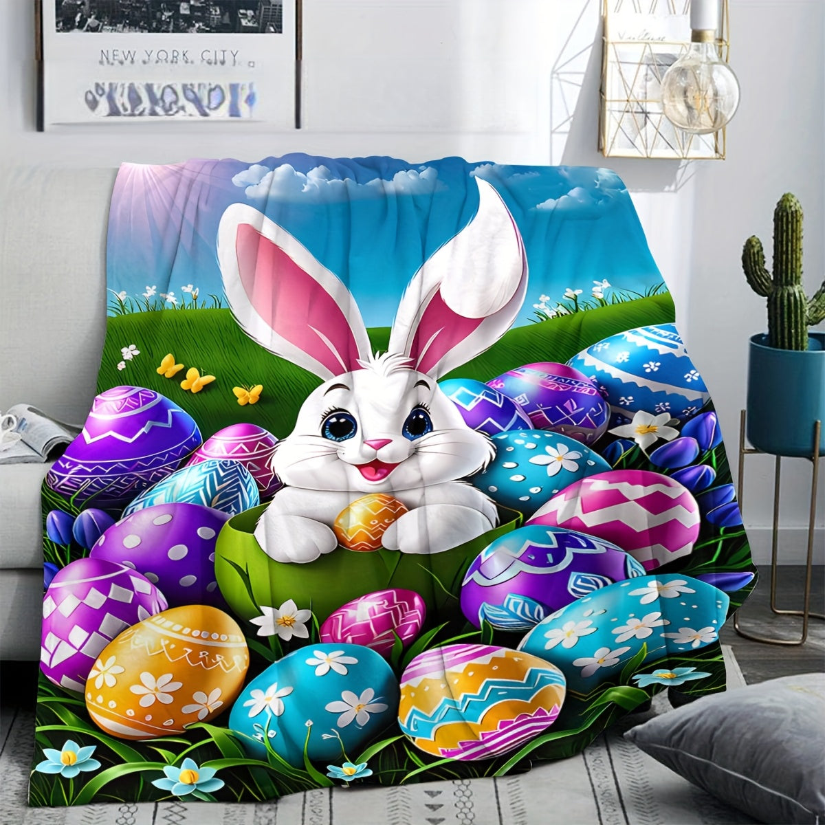 Modern Easter Bunny & Eggs Flannel Blanket - Contemporary Pastel Print, All-Season Lightweight for Sofa, Picnics, Travel & Spring Decor