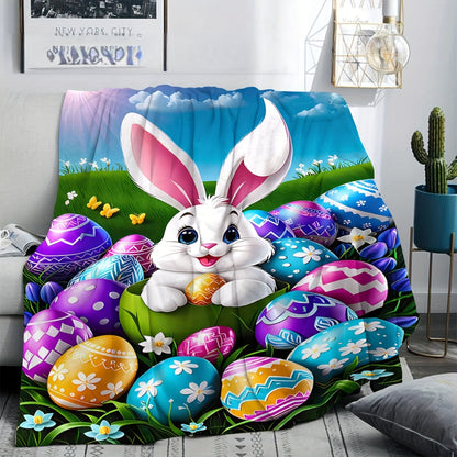 Modern Easter Bunny & Eggs Flannel Blanket - Contemporary Pastel Print, All-Season Lightweight for Sofa, Picnics, Travel & Spring Decor