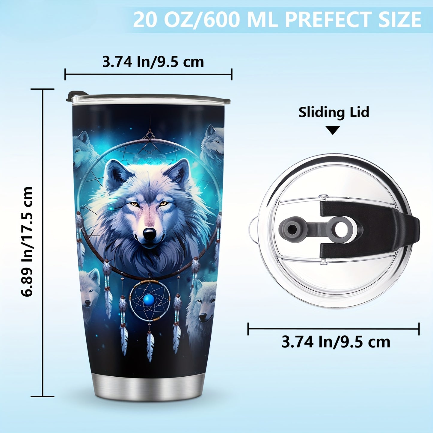20oz Wolf Lover's Tumbler - Insulated Stainless Steel Coffee Cup with Leak-Proof Lid, Durable Travel Mug Perfect for Men, Women & Outdoor Enthusiasts