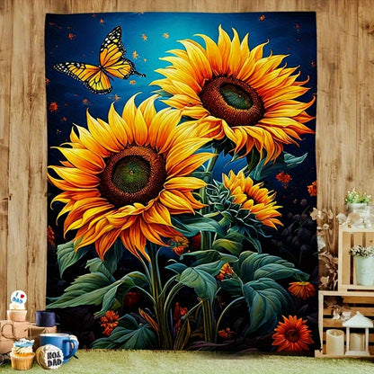 Sunflower & Butterfly Flannel Throw - Joyful Garden Print Blanket, Soft & Cozy Multi-Use Gift for Family, Friends, Home, Camping & Outdoor Adventures