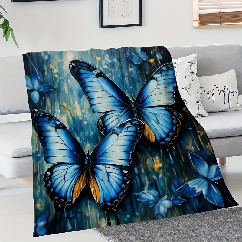 Blue Butterfly Patchwork Knitted Blanket - Textured Animal Insect Theme Throw, Lightweight & Breathable All-Season Gift for Home, Office, Nursery Decor