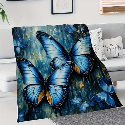 Blue Butterfly Patchwork Knitted Blanket - Textured Animal Insect Theme Throw, Lightweight & Breathable All-Season Gift for Home, Office, Nursery Decor