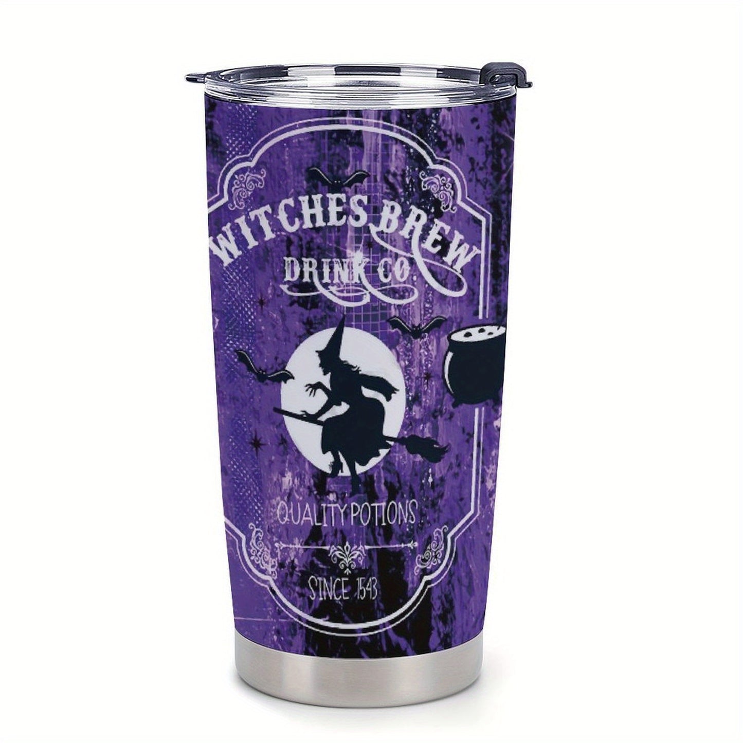 Gothic Witch's Brew Tumbler 20oz - Halloween Insulated Mug with Witch on Broomstick & Cauldron Design, Stainless Steel with Locking Lid & Straw, Spooky Gift