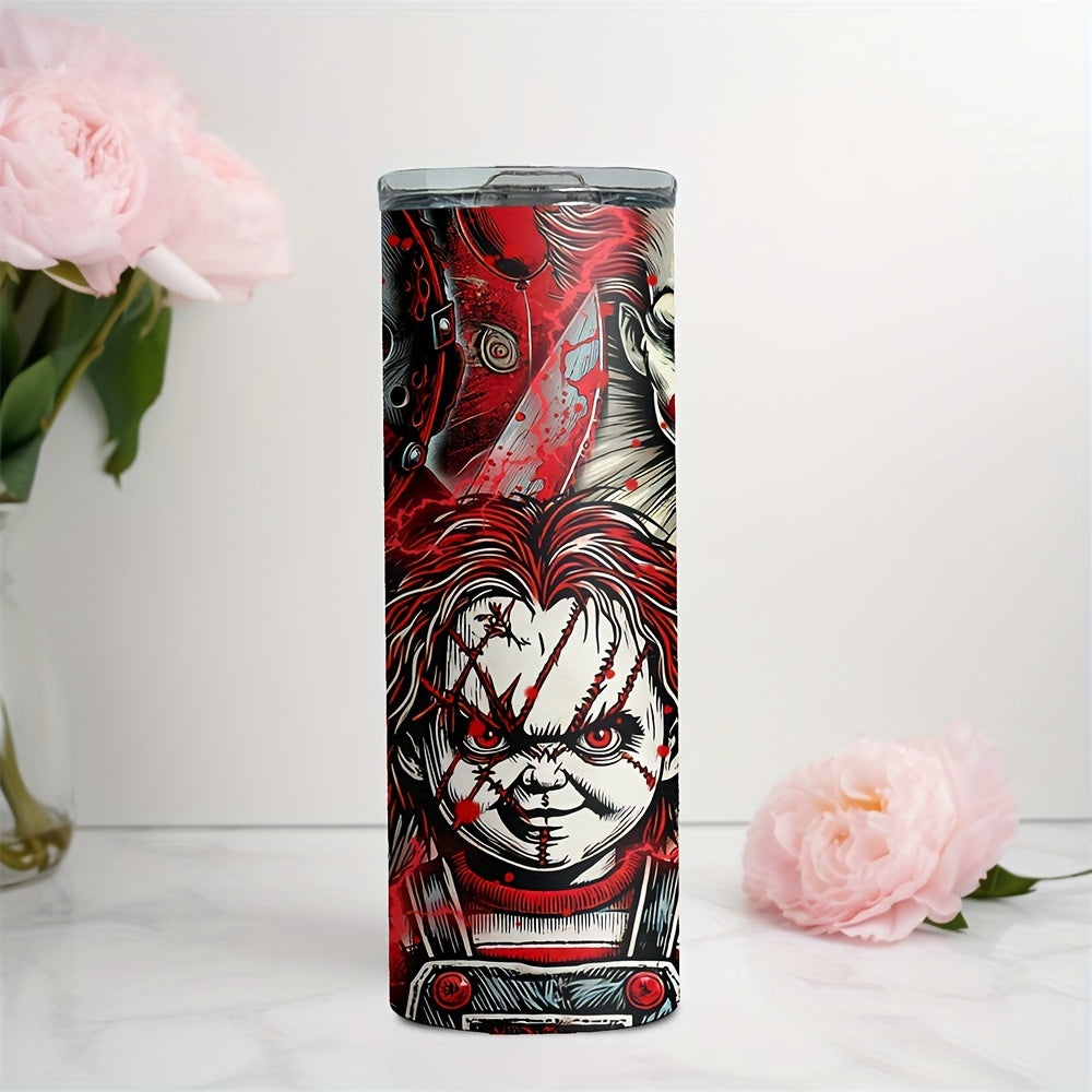 Insulated Stainless Steel Tumbler with Lid (20oz) - Features Michael Myers, Jason, Chucky - Perfect for Cold & Hot Drinks, Halloween Gift