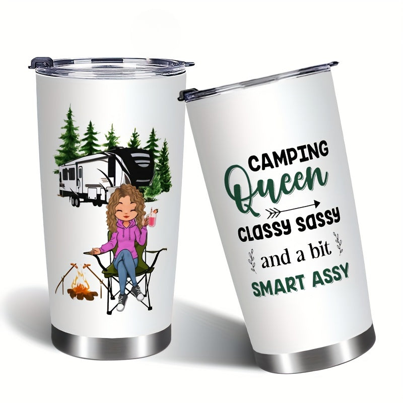 20oz Insulated Tumbler with Straw - Funny “Camping Queen” Printed Stainless Steel Cup, Leak-Proof Lid, Perfect Gift for Outdoor Lovers