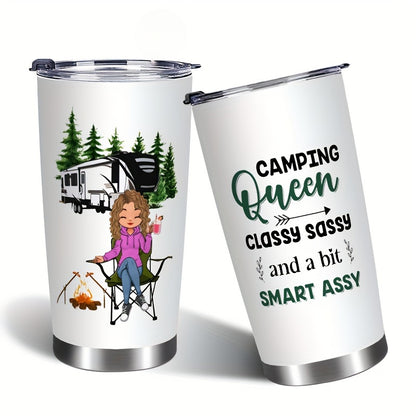 20oz Insulated Tumbler with Straw - Funny “Camping Queen” Printed Stainless Steel Cup, Leak-Proof Lid, Perfect Gift for Outdoor Lovers