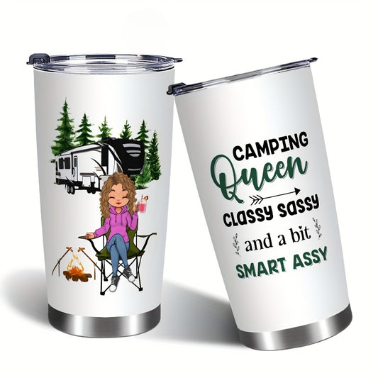 20oz Insulated Tumbler with Straw - Funny “Camping Queen” Printed Stainless Steel Cup, Leak-Proof Lid, Perfect Gift for Outdoor Lovers