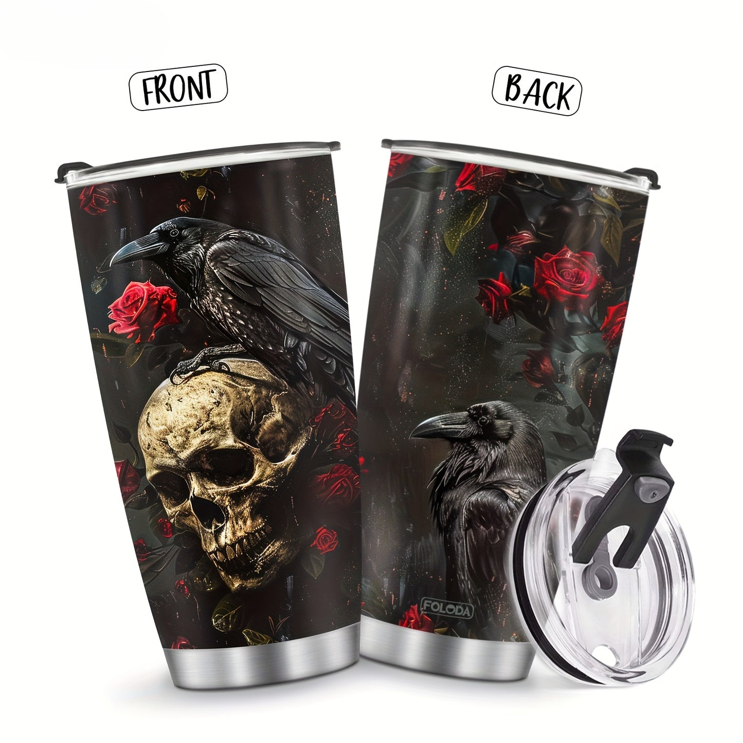 Gothic Skull & Raven Tumbler - 20oz Stainless Steel Insulated Travel Mug, BPA-Free & Hand Wash - Perfect Gift for Halloween, Christmas, Day of the Dead, Goth Lovers