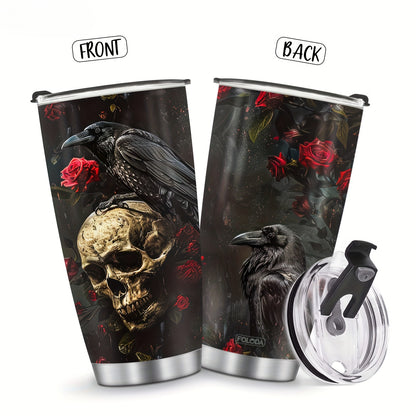 Gothic Skull & Raven Tumbler - 20oz Stainless Steel Insulated Travel Mug, BPA-Free & Hand Wash - Perfect Gift for Halloween, Christmas, Day of the Dead, Goth Lovers