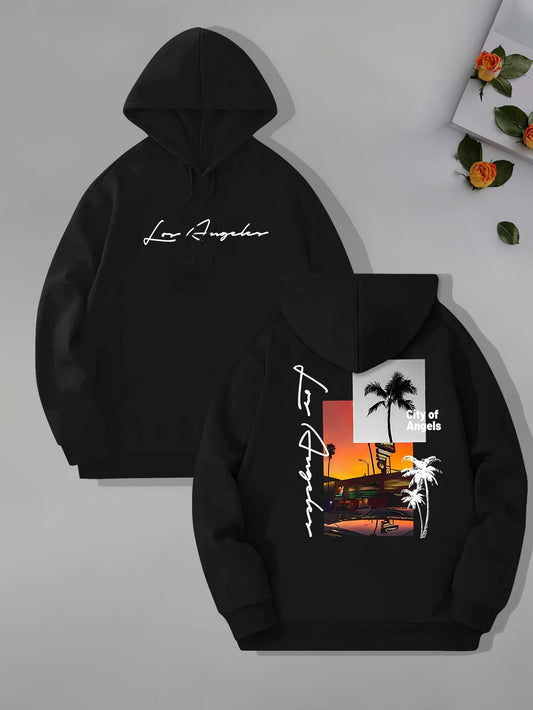 LA Beach Graphic Hoodie - Men‘s California Coast Pullover, Loose Fit Sweatshirt with Kangaroo Pocket for Casual Streetwear