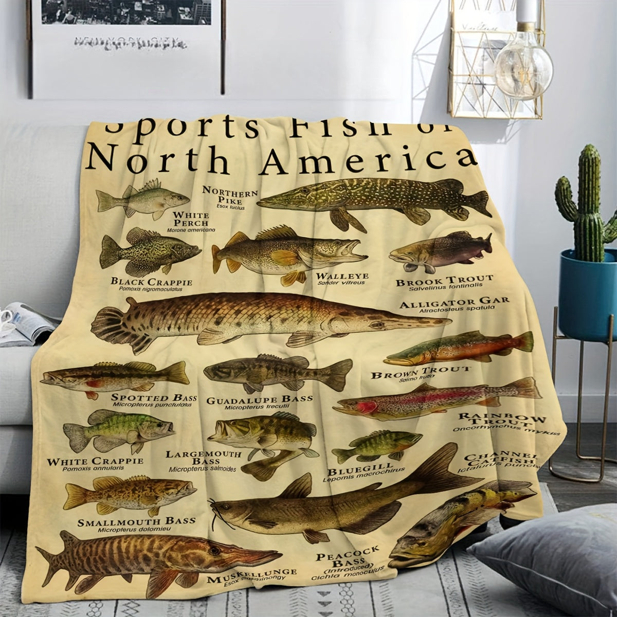 North American Sport Fish Print Blanket - Trout, Bass & Walleye HD Illustration, Lightweight Flannel for Fishing Camping, Cabin & Man Cave Decor