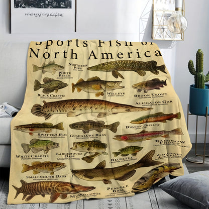 North American Sport Fish Print Blanket - Trout, Bass & Walleye HD Illustration, Lightweight Flannel for Fishing Camping, Cabin & Man Cave Decor
