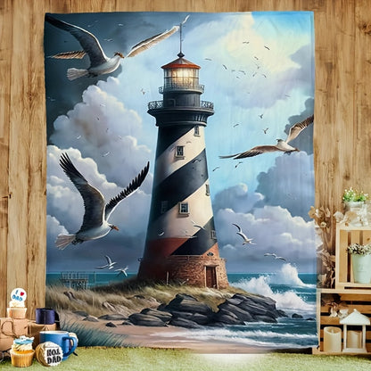 Lighthouse & Seagull Print Throw Blanket - Coastal Themed Soft Blanket for Couch, Beach, Picnic, Multi-Scene Home & Outdoor Gift for Holiday & Birthday