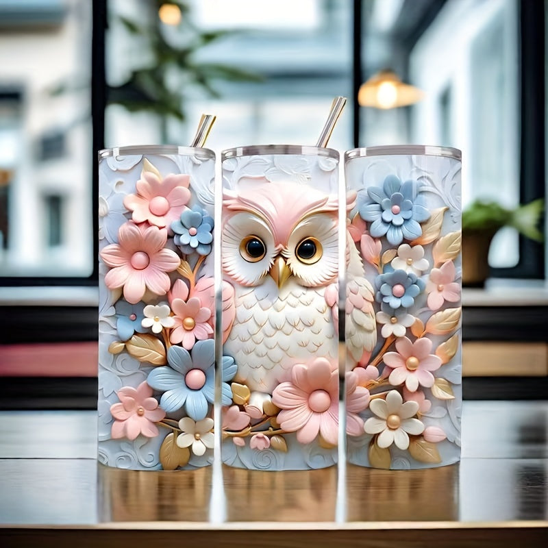 3D Owl Floral Tumbler 20oz - Insulated Stainless Steel Travel Mug with Lid | Vivid Artistic Design, Keeps Drinks Hot/Cold for Home, Commute & Outdoors