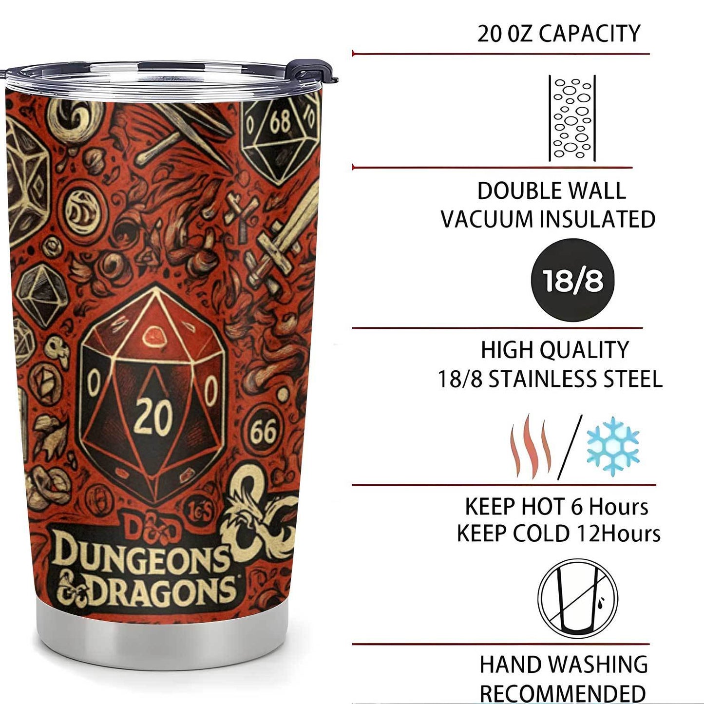 Dungeons & Dragons Stainless Steel Tumbler 20oz - Dragon & Gemstone Design, Double-Wall Vacuum Insulated, Leak-Proof Coffee Travel Mug, Gift for Gamers & D&D Fans