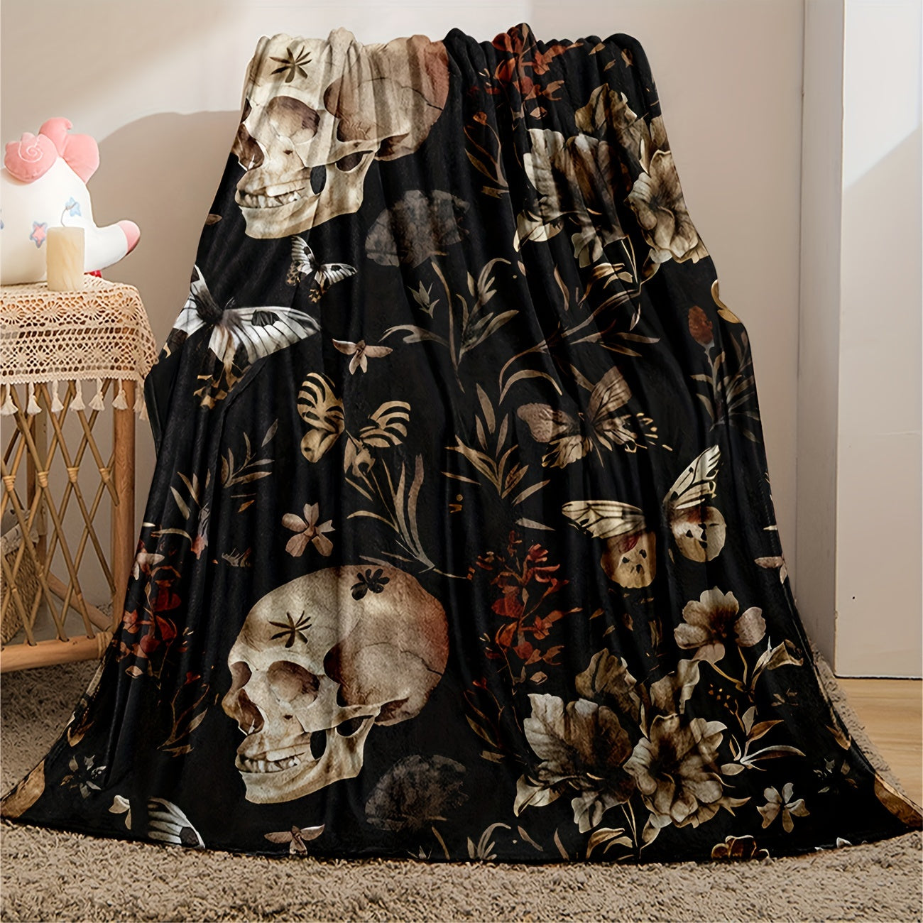 Skull & Floral Flannel Blanket - Gothic Style All-Season Throw | Darkly Romantic Design, Soft for Home, Concerts, and Unique Gift Giving