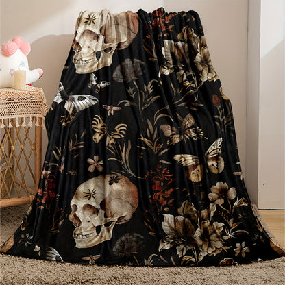 Skull & Floral Flannel Blanket - Gothic Style All-Season Throw | Darkly Romantic Design, Soft for Home, Concerts, and Unique Gift Giving