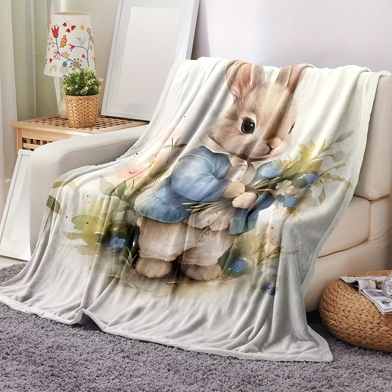 Rabbit Print Flannel Throw Blankets - Adorable & Lightweight Blanket for Kids and Adults | Soft Multi-Scene Gift for Nursery, Home, and Cozy Comfort