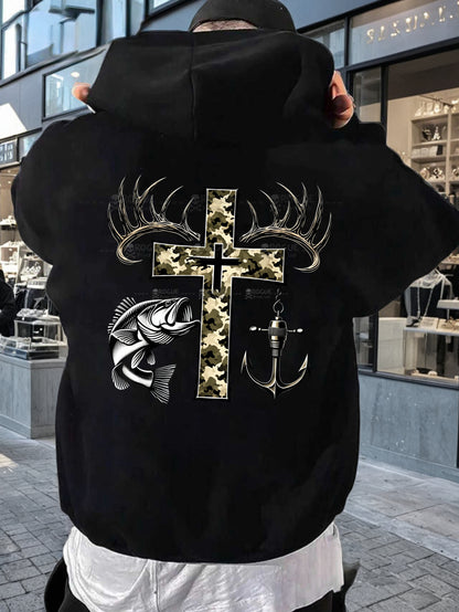 Wilderness Wanderer Hoodie - Men‘s Vintage Print with Cross, Antler, Fish & Anchor, Explorer‘s Iconography for Rugged Casual Style